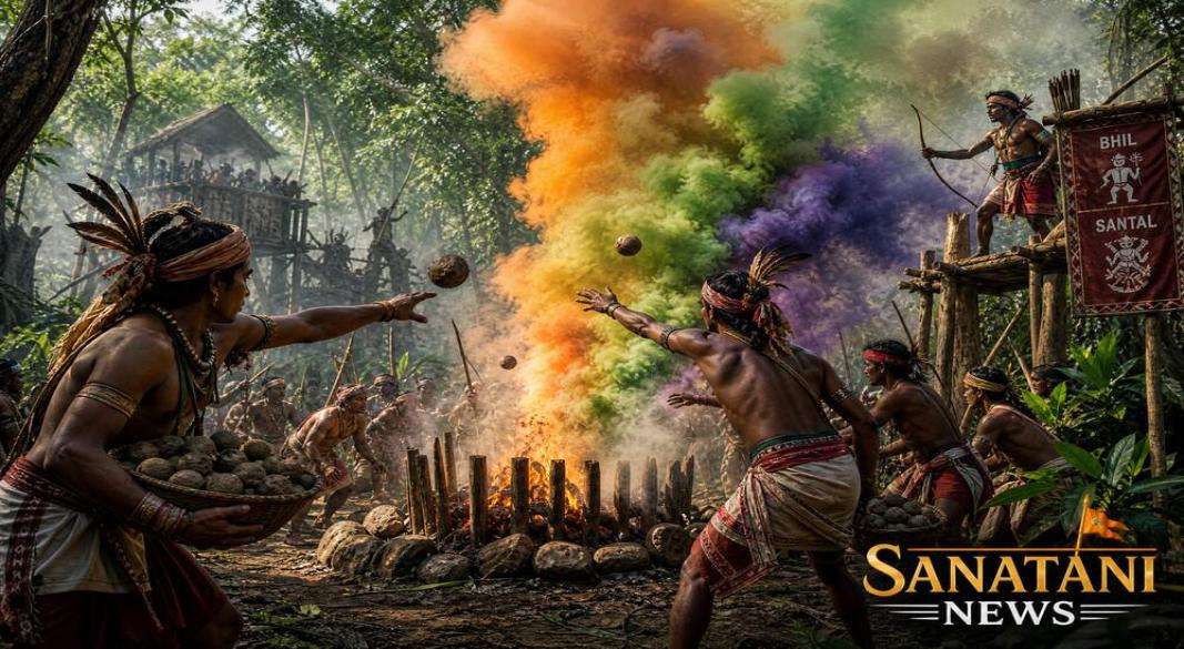 Ancient Indian warriors deploying tactical toxic chili and herbal smoke screen against enemy army.