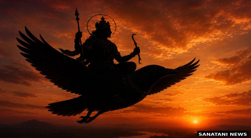 Majestic meditative idol of Lord Shanidev holding his divine bow and arrow with his vehicle the crow, symbolizing justice and spiritual peace.