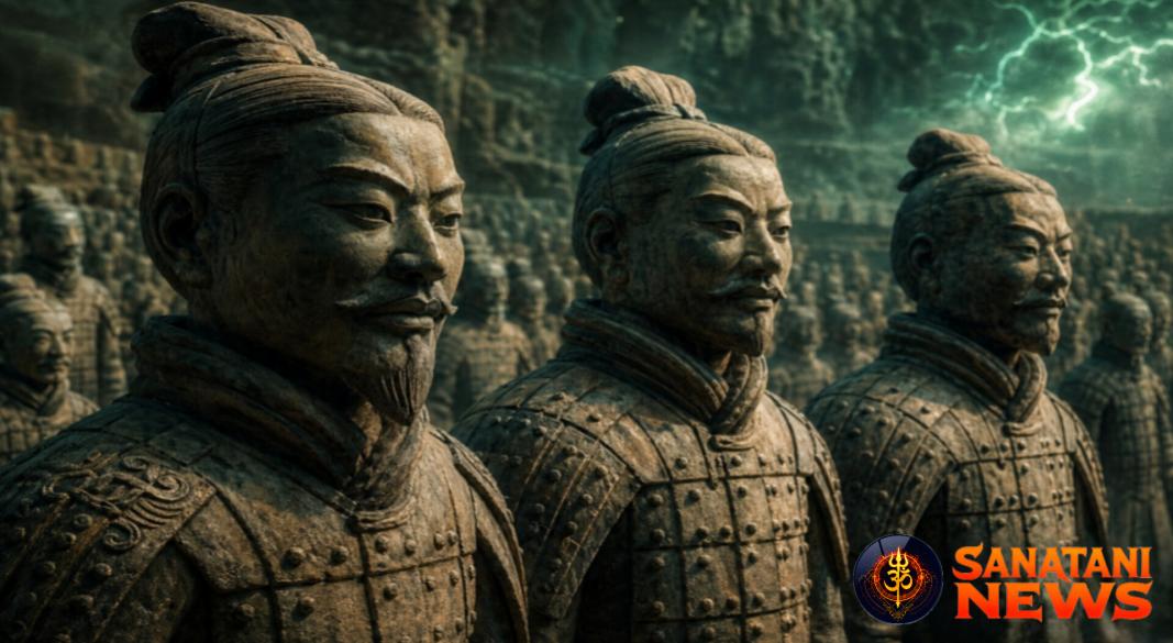 Terracotta Army warriors standing in formation inside the underground pit in Lintong, Shaanxi, China.