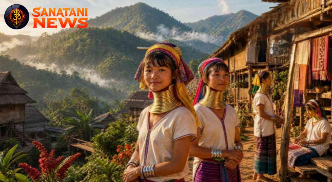 Kayan tribe woman wearing traditional brass neck rings in Thailand hill village